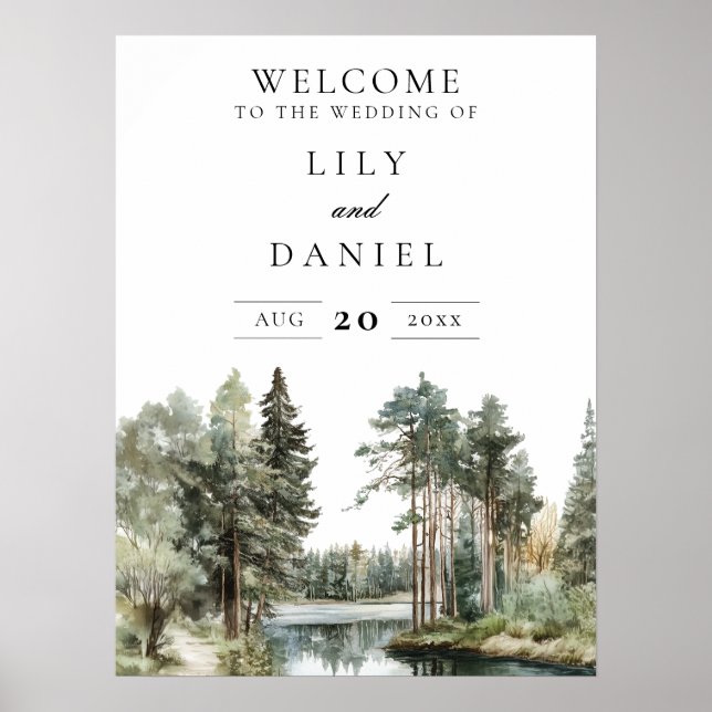 Póster Letrero de Bienvenida de Boda con Bosque del Lago  (Frente)