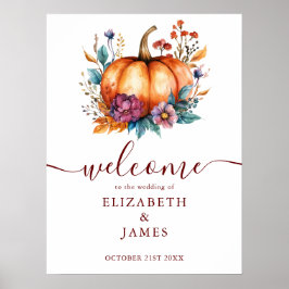 Póster Letrero de Bienvenida de Boda con Calabaza Rústica