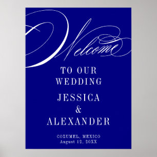 Póster Letrero de Bienvenida de Boda con Caligrafía Azul 