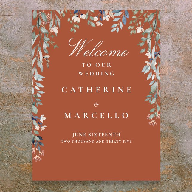 Póster Letrero de bienvenida de boda con cascada floral d (Terracotta Floral Cascade Wedding Welcome Sign)