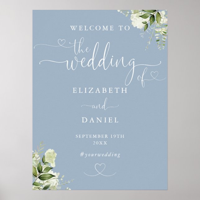 Póster Letrero de bienvenida de boda con corazón azul pol (Frente)