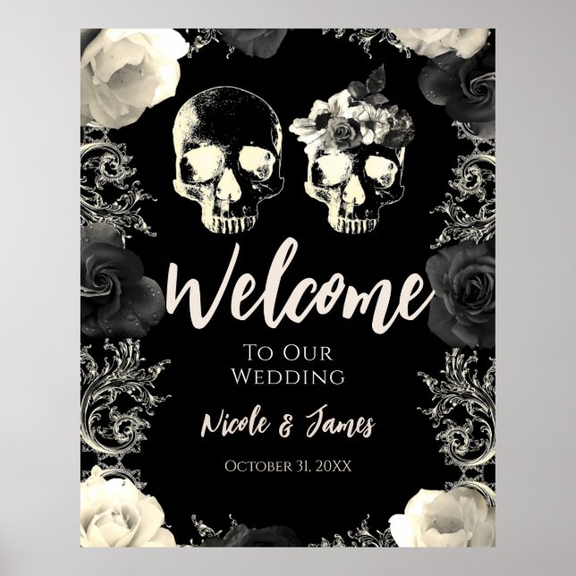 Póster Letrero de Bienvenida de Boda con Cráneo de Esquel (Frente)