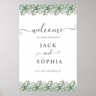 Póster Letrero de bienvenida de boda con elegantes verdes