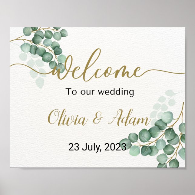 Póster Letrero de bienvenida de boda con eucalipto en acu (Frente)