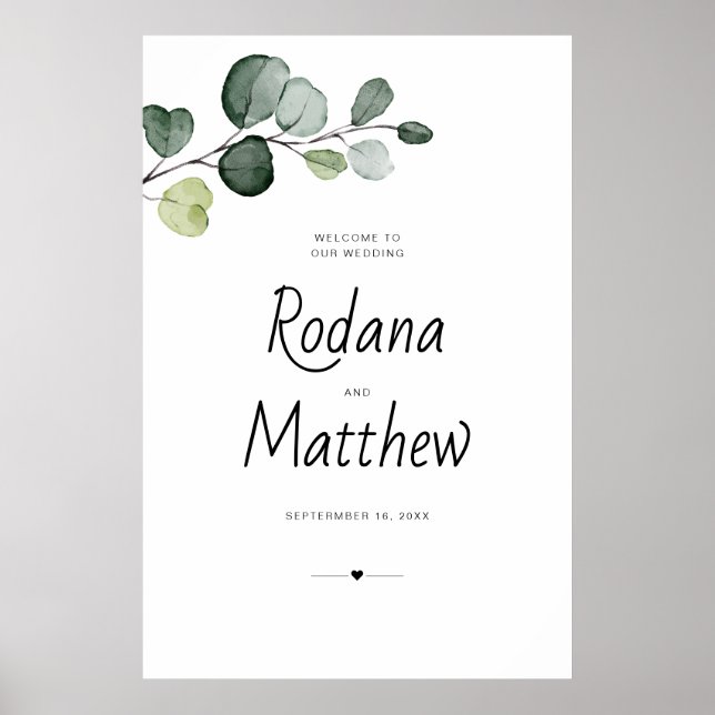 Póster Letrero de bienvenida de boda con eucalipto verde (Frente)