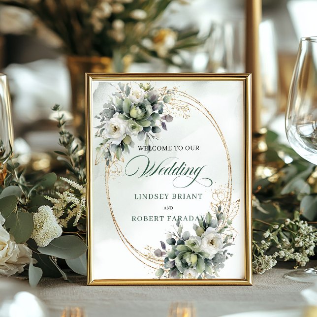 Póster Letrero de Bienvenida de Boda con Eucalipto Verde  (Modern Sage Green Eucalyptus Wedding Welcome Sign)