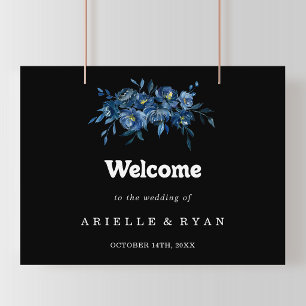 Póster Letrero de Bienvenida de Boda con Flores Azules de