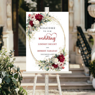 Póster Letrero de bienvenida de boda con flores doradas m