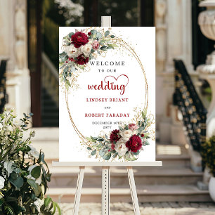 Póster Letrero de bienvenida de boda con flores doradas m