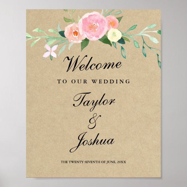 Póster Letrero de bienvenida de boda con flores silvestre (Frente)