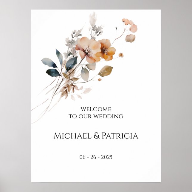 Póster Letrero de bienvenida de boda con flores silvestre (Frente)