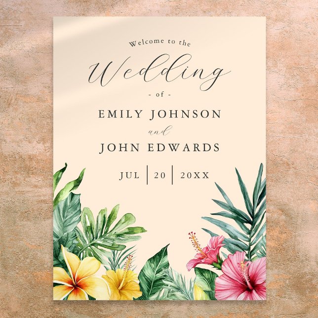 Póster Letrero de bienvenida de boda con flores tropicale (Peach Tropical Flowers Wedding Welcome Sign)