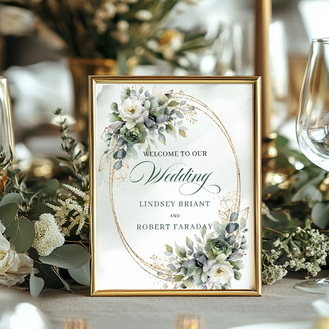 Póster Letrero de bienvenida de boda con follaje botánico (Dusty Green Botanical Foliage Wedding Welcome Sign)