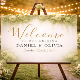 Póster Letrero de Bienvenida de Boda con Follaje de Rosa 