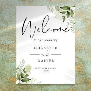 Póster Letrero de Bienvenida de Boda con Follaje Verde