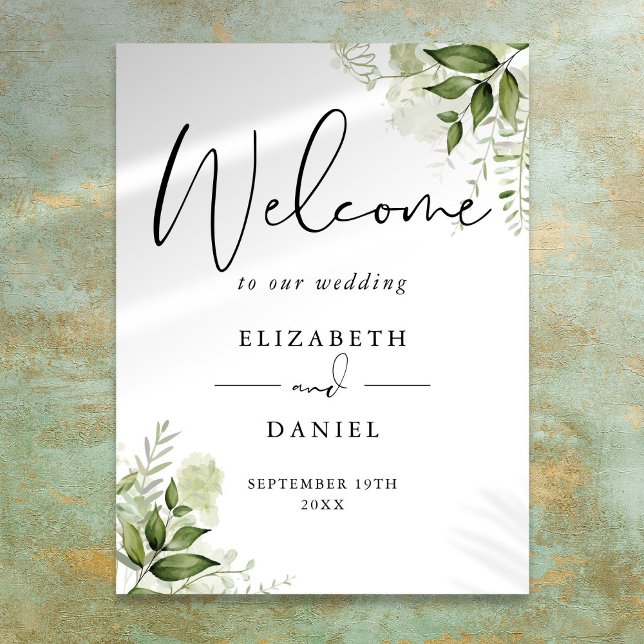 Póster Letrero de bienvenida de boda con follaje verde (Greenery Foliage Wedding Welcome Sign)