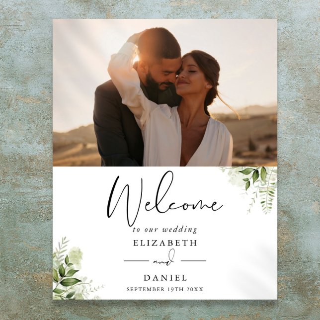 Póster Letrero de bienvenida de boda con follaje verde (Greenery Foliage Photo Wedding Welcome Sign)