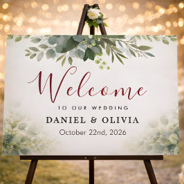 Póster Letrero de bienvenida de boda con follaje verde de