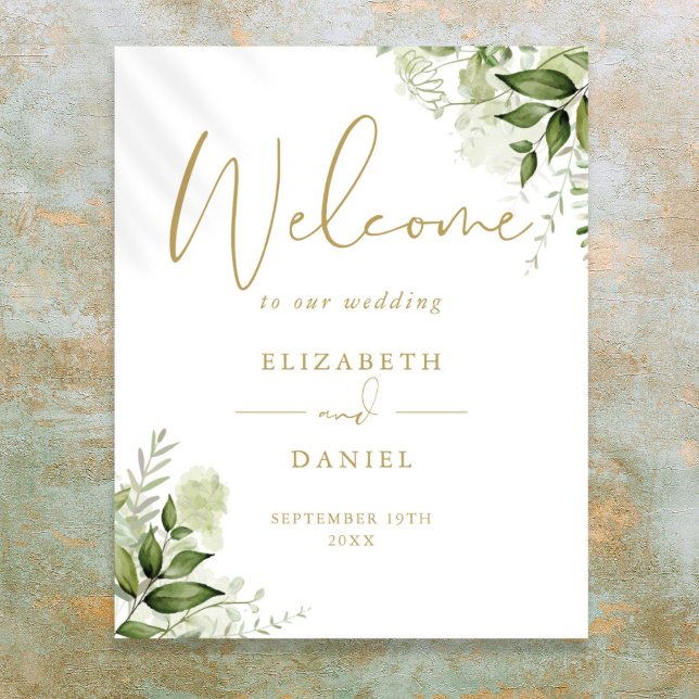 Póster Letrero de bienvenida de boda con follaje verde do (Greenery Foliage Wedding Gold Welcome Sign)