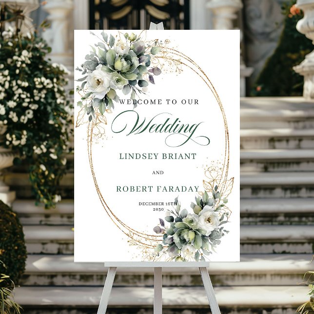 Póster Letrero de bienvenida de boda con follaje verde y  (Chic green and gold foliage wedding welcome sign)