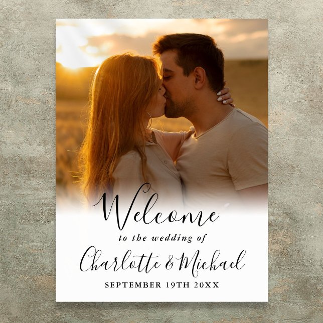 Póster Letrero de bienvenida de boda con foto en guión de (Black Signature Script Photo Wedding Welcome Sign)