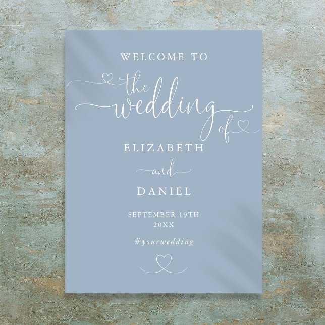Póster Letrero de bienvenida de boda con guión de corazón (Dusty Blue Heart Script Wedding Welcome Sign)