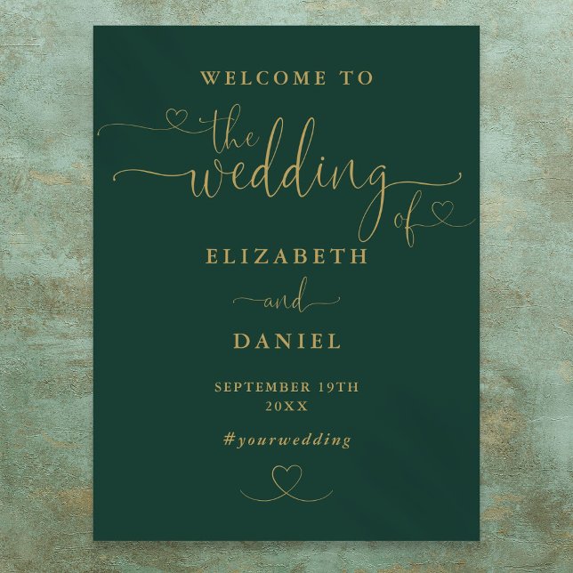 Póster Letrero de bienvenida de boda con guión de corazón (Emerald And Gold Heart Script Wedding Welcome Sign)