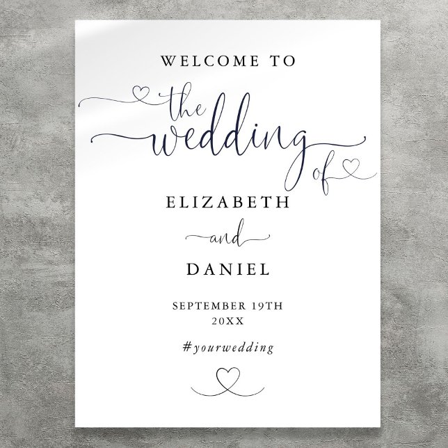 Póster Letrero de bienvenida de boda con guión de corazón (Black And White Heart Script Wedding Welcome Sign)