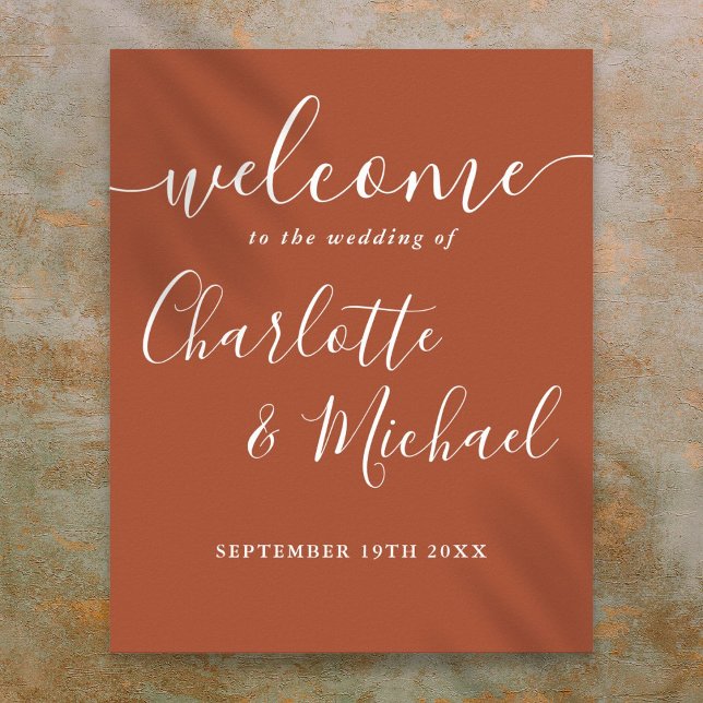 Póster Letrero de bienvenida de boda con guión de firma d (Terracotta Signature Script Wedding Welcome Sign)