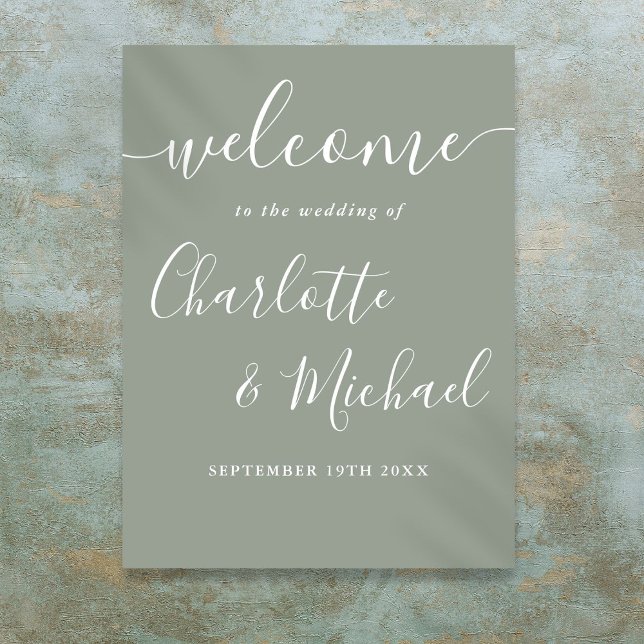 Póster Letrero de bienvenida de boda con guión de firma e (Sage Green Signature Script Wedding Welcome Sign)