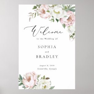 Póster Letrero de bienvenida de boda con hoja de peonía b