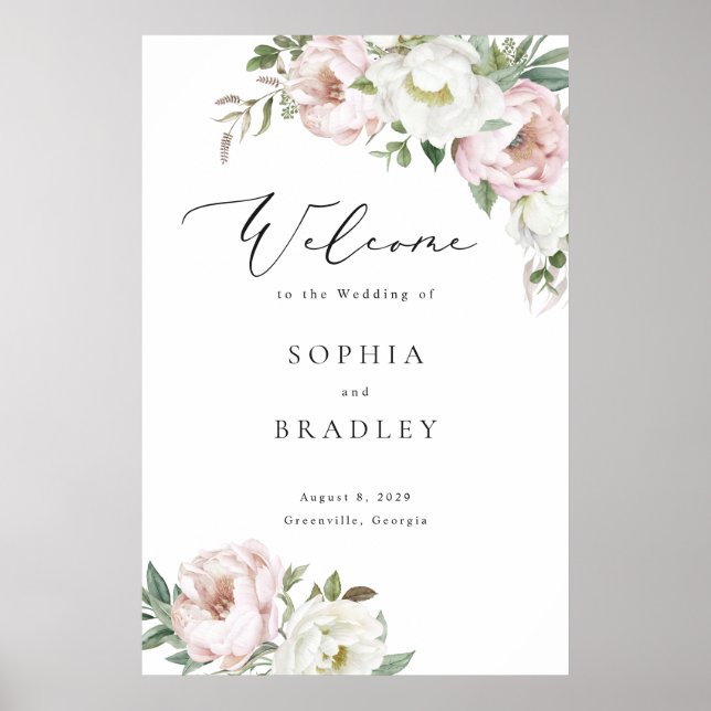 Póster Letrero de bienvenida de boda con hoja de peonía b (Frente)