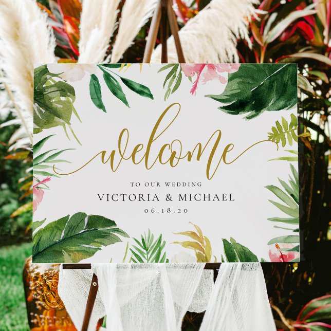 Póster Letrero de bienvenida de boda con hojas tropicales (Subido por el creador)