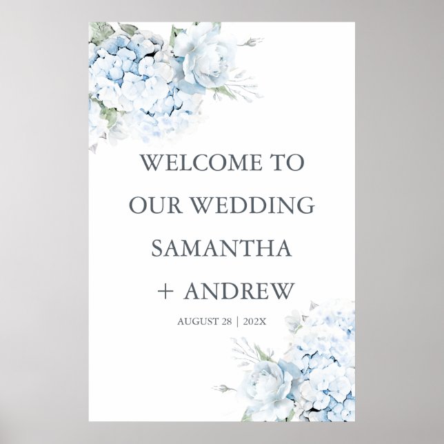 Póster Letrero de Bienvenida de Boda con Hortensias Azule (Frente)