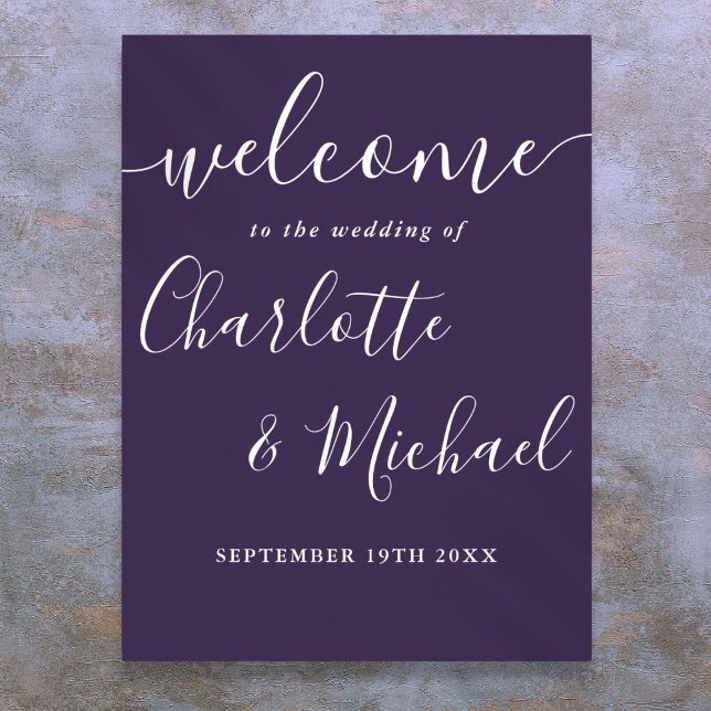 Póster Letrero de bienvenida de boda con letra script de  (Purple Signature Script Wedding Welcome Sign)