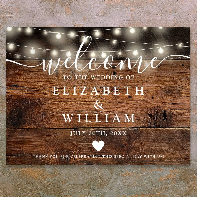Póster Letrero de bienvenida de boda con luces de cuerda  (Rustic Wood String Lights Wedding Welcome Sign)