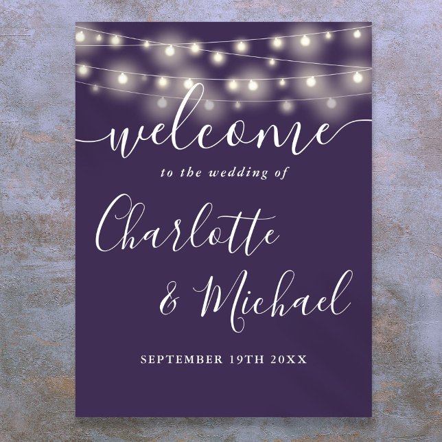 Póster Letrero de Bienvenida de Boda con Luces de Cuerda  (Purple String Lights Wedding Welcome Sign)