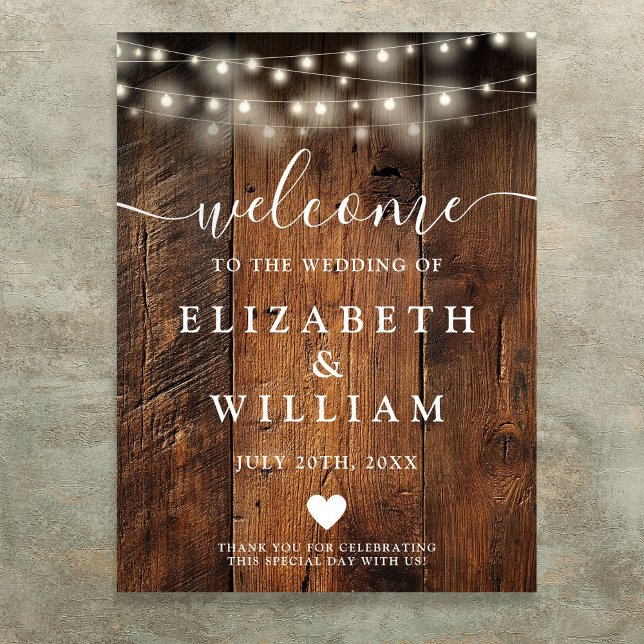 Póster Letrero de bienvenida de boda con luces de cuerda  (Rustic Wood String Lights Wedding Welcome Sign)