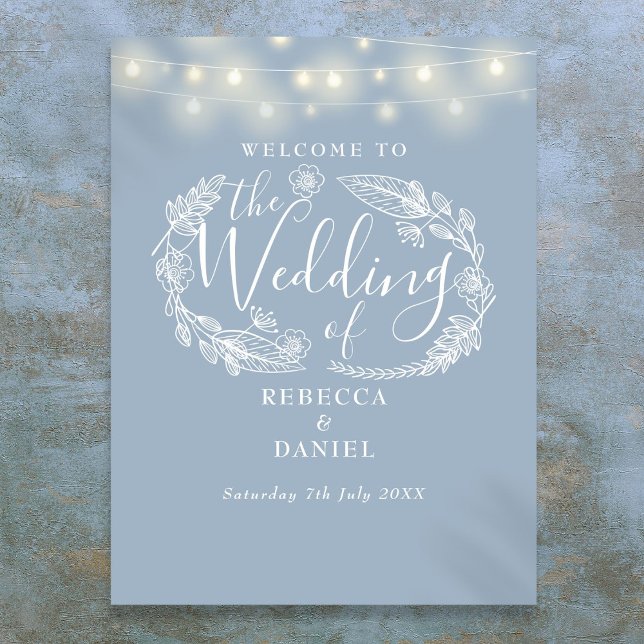 Póster Letrero de bienvenida de boda con luces de cuerda  (Dusty Blue String Lights Wedding Welcome Sign)