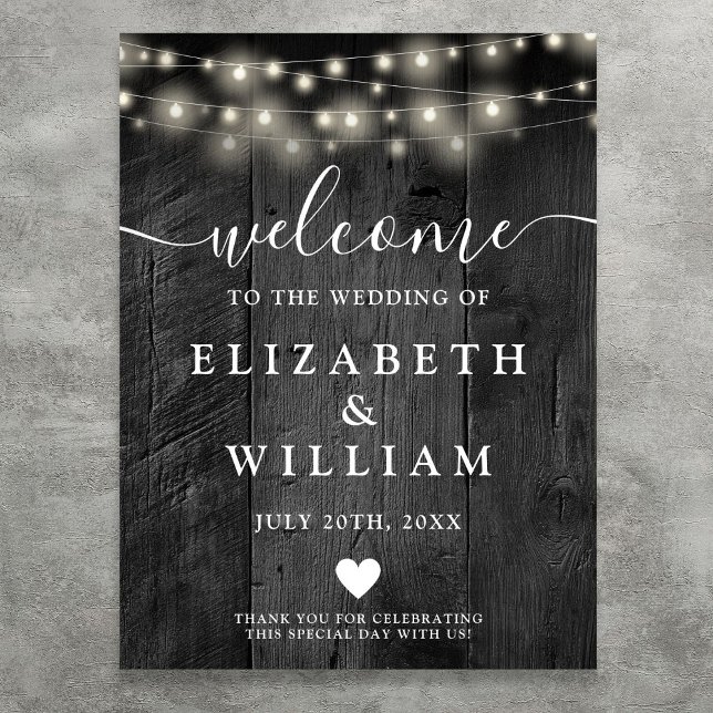 Póster Letrero de bienvenida de boda con luces de cuerda  (Black Wood String Lights Wedding Welcome Sign)