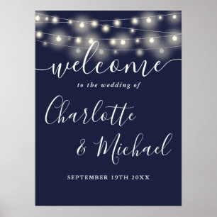 Póster Letrero de bienvenida de boda con luces de cuerda 