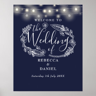 Póster Letrero de bienvenida de boda con luces de cuerda 
