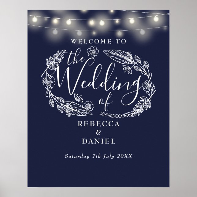 Póster Letrero de bienvenida de boda con luces de cuerda  (Frente)