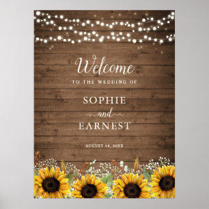 Póster Letrero de bienvenida de boda con luces de girasol