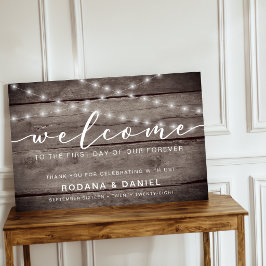 Póster Letrero de bienvenida de boda con luces de madera
