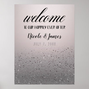 Póster Letrero de bienvenida de boda con purpurina platea
