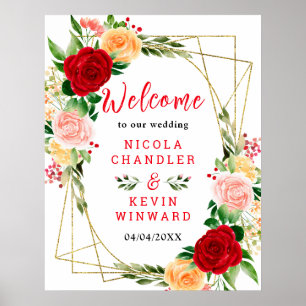 Póster Letrero de Bienvenida de Boda con Rosas Rojas y Na