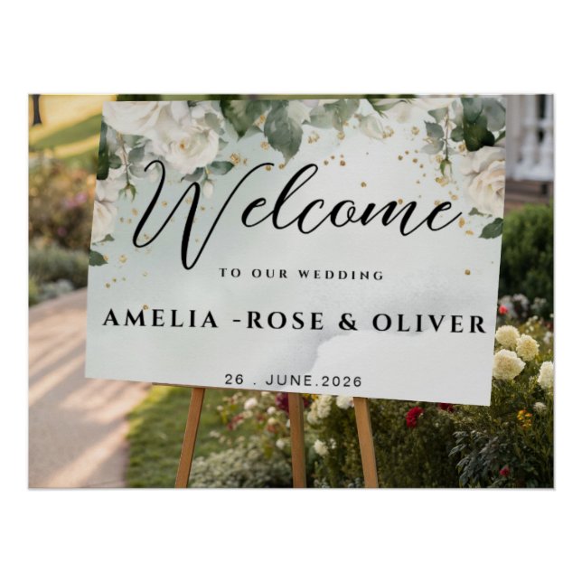 Póster Letrero de Bienvenida de Boda con Vegetación Elega (Anverso)