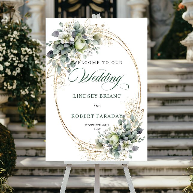 Póster Letrero de bienvenida de boda con verde eucalipto  (Modern Eucalyptus Greenery Wedding Welcome Sign)