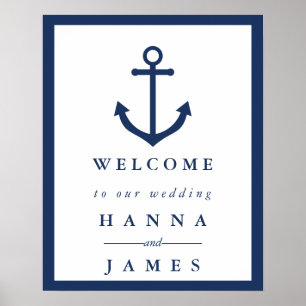 Póster Letrero de bienvenida de boda de ancla azul marino